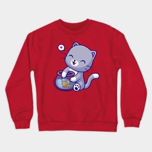 Cute Cat Playing With Fish In Aquarium Cartoon Crewneck Sweatshirt